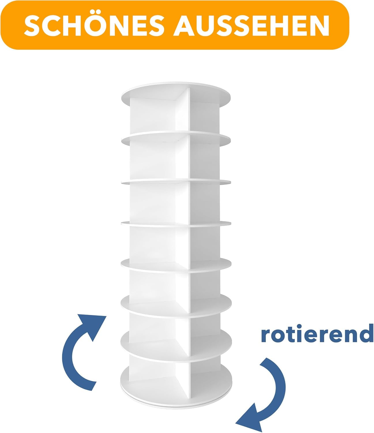 Studio view of the white 7-tier tower on a plain background with blue rotation arrows and an orange banner above.