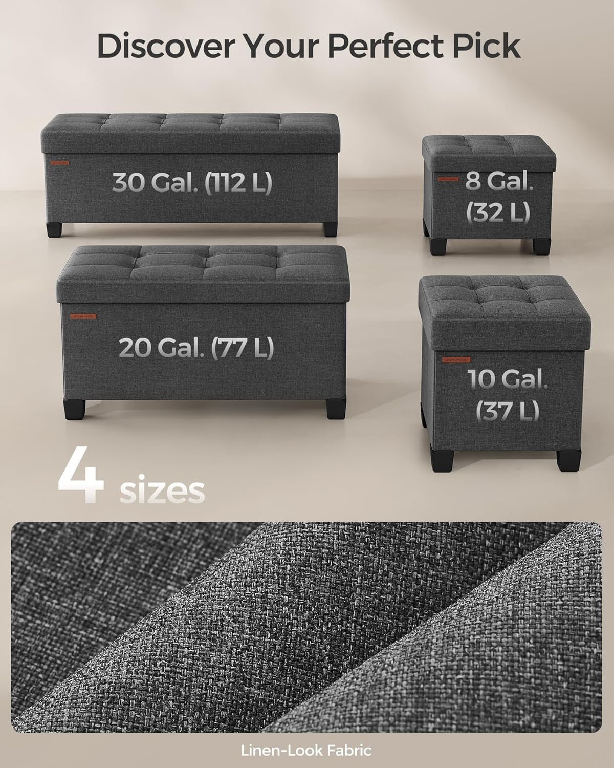 Four ottoman sizes displayed in charcoal with a close-up swatch of textured linen-look fabric.