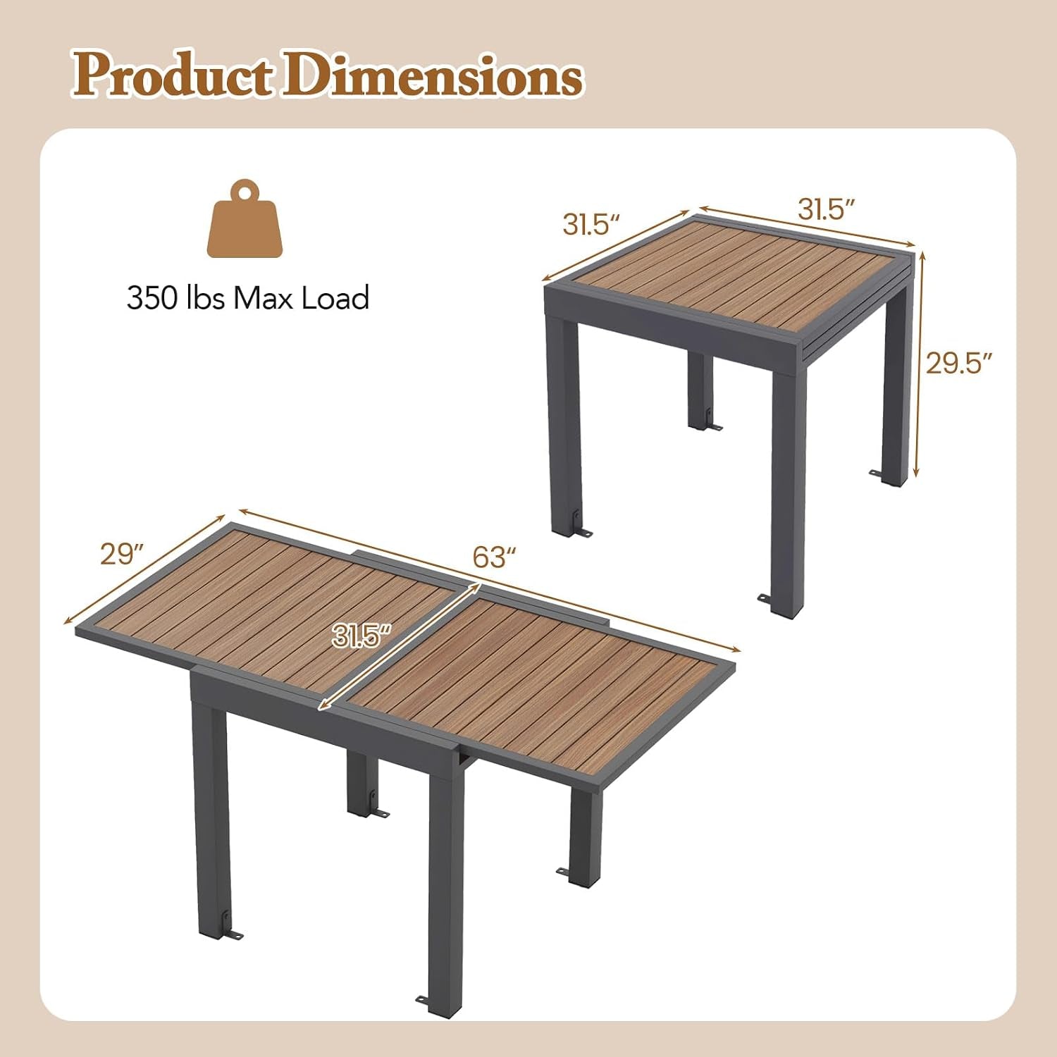 Diagram showing the table as a square and as an extended rectangle with measurement arrows.