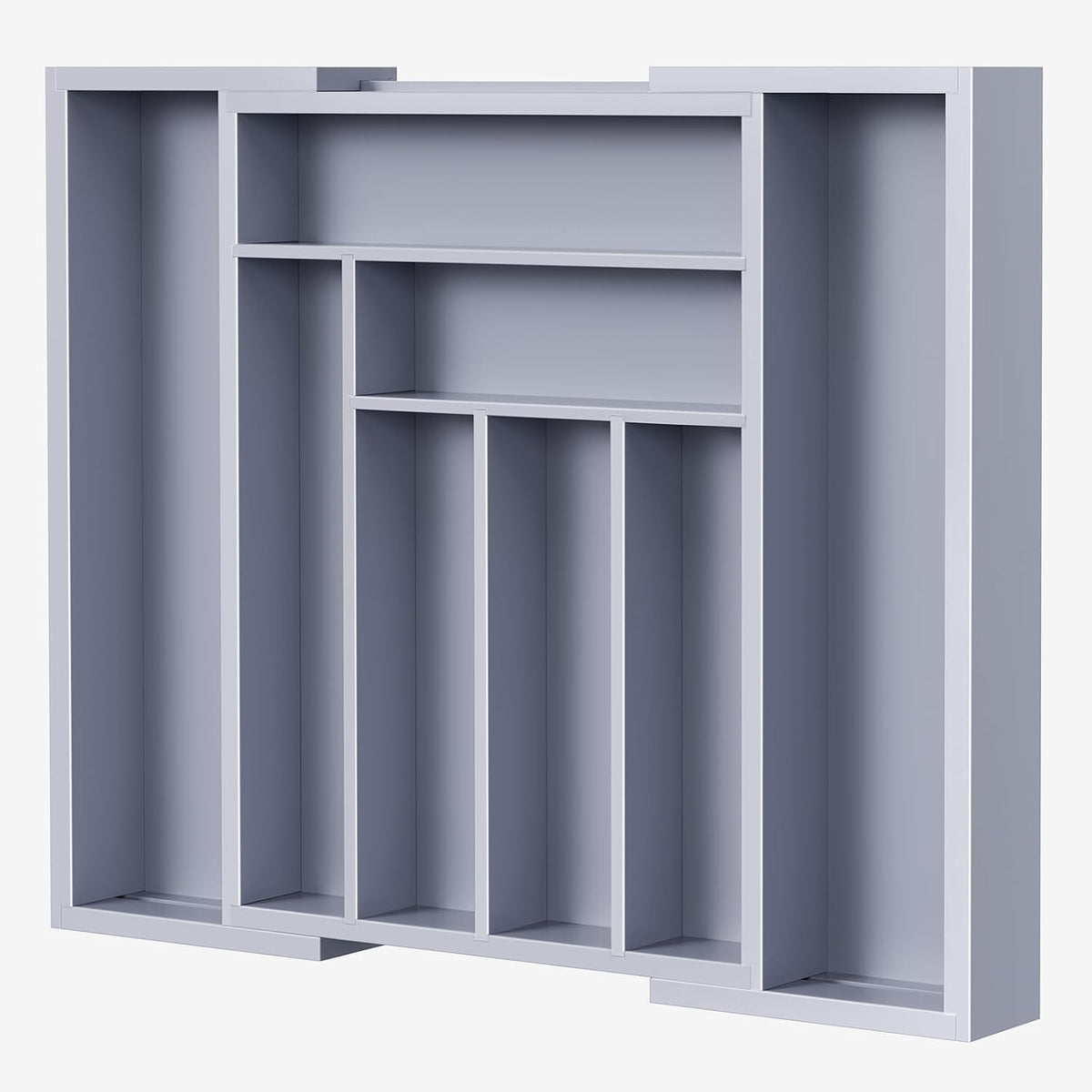 Front close-up of an empty light-gray expandable cutlery tray with five narrow vertical compartments.