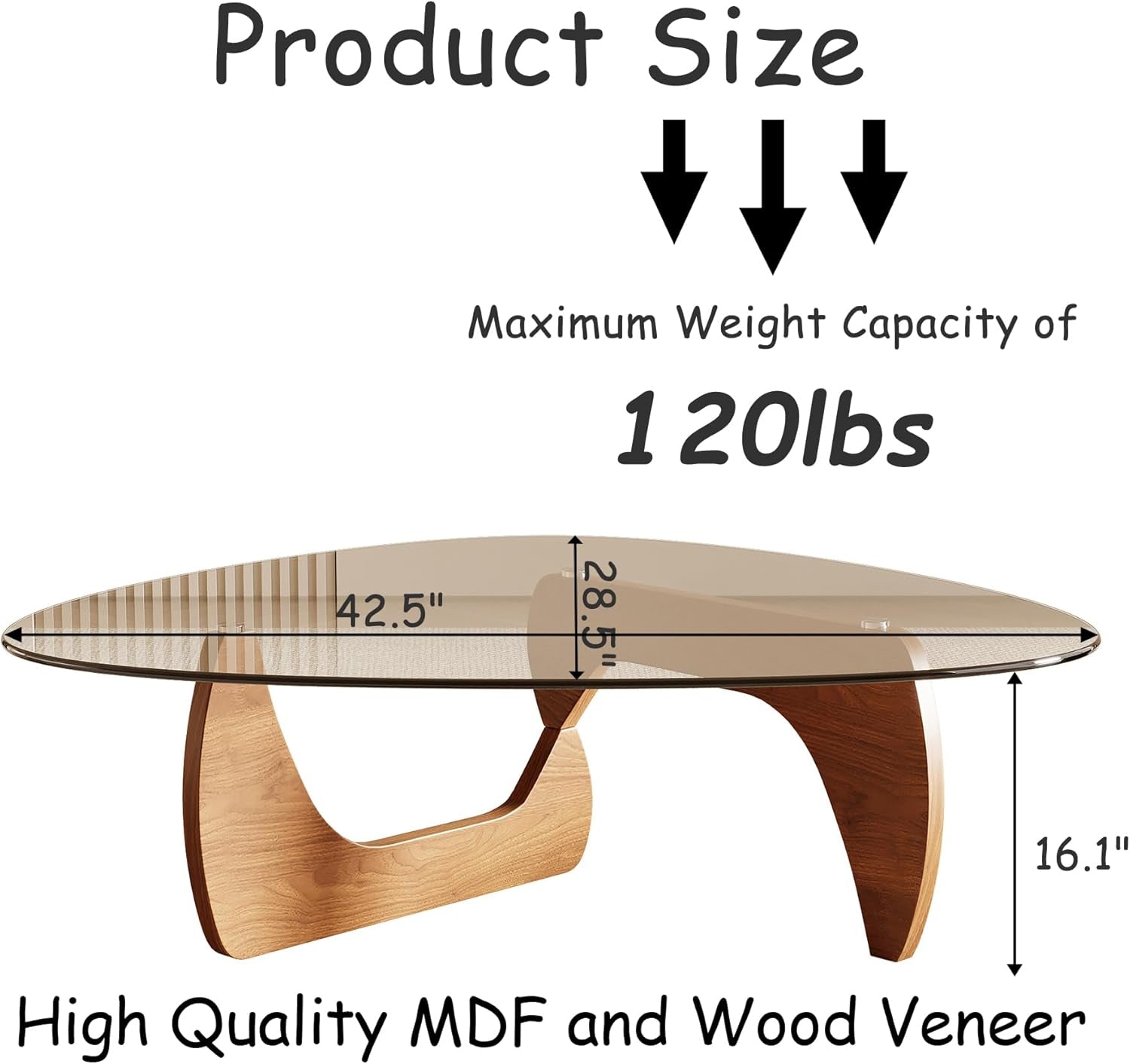 Graphic side view of triangle coffee table showing glass top and two curved wood-finish MDF legs