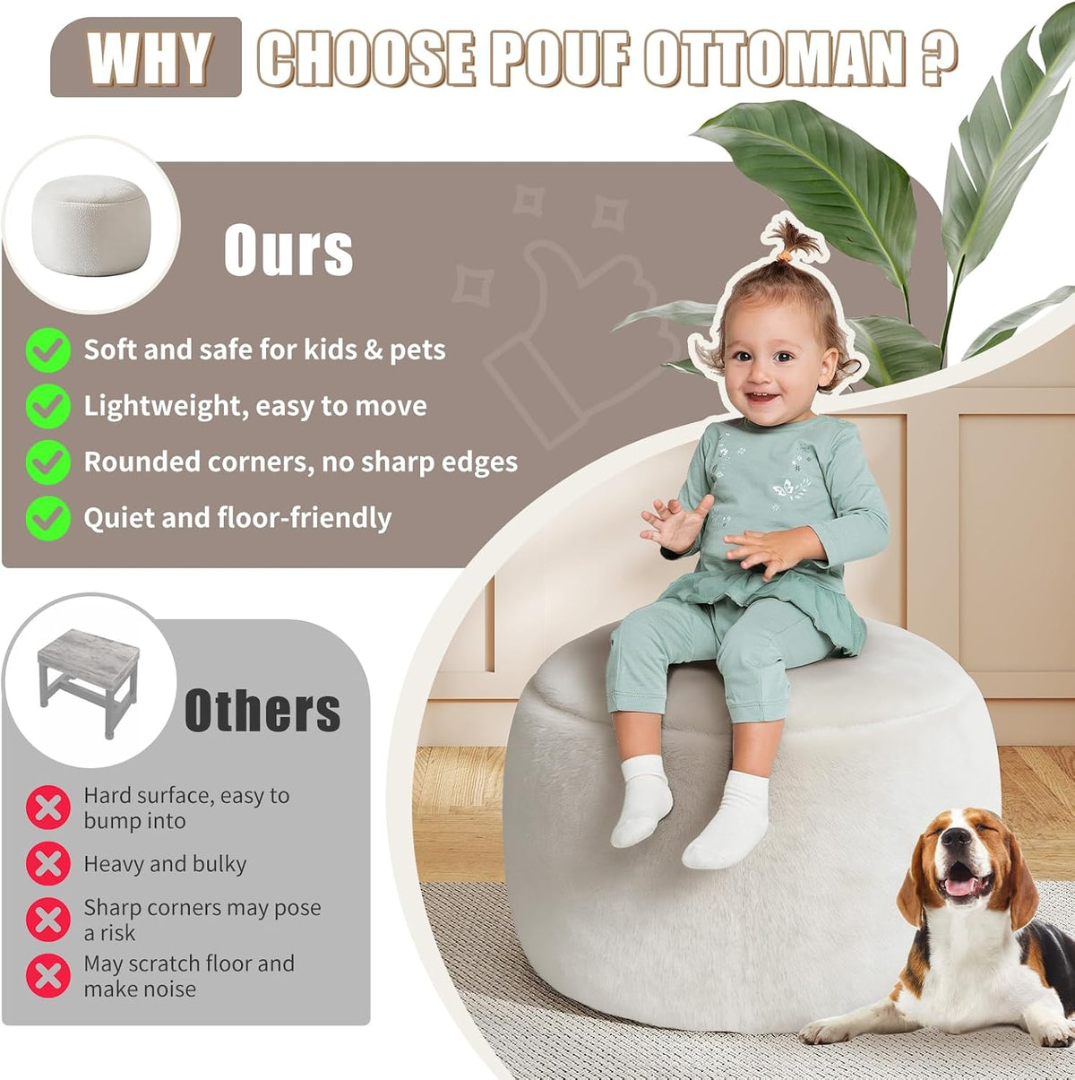 Child sitting on white pouf with comparison list of benefits for this pouf versus others