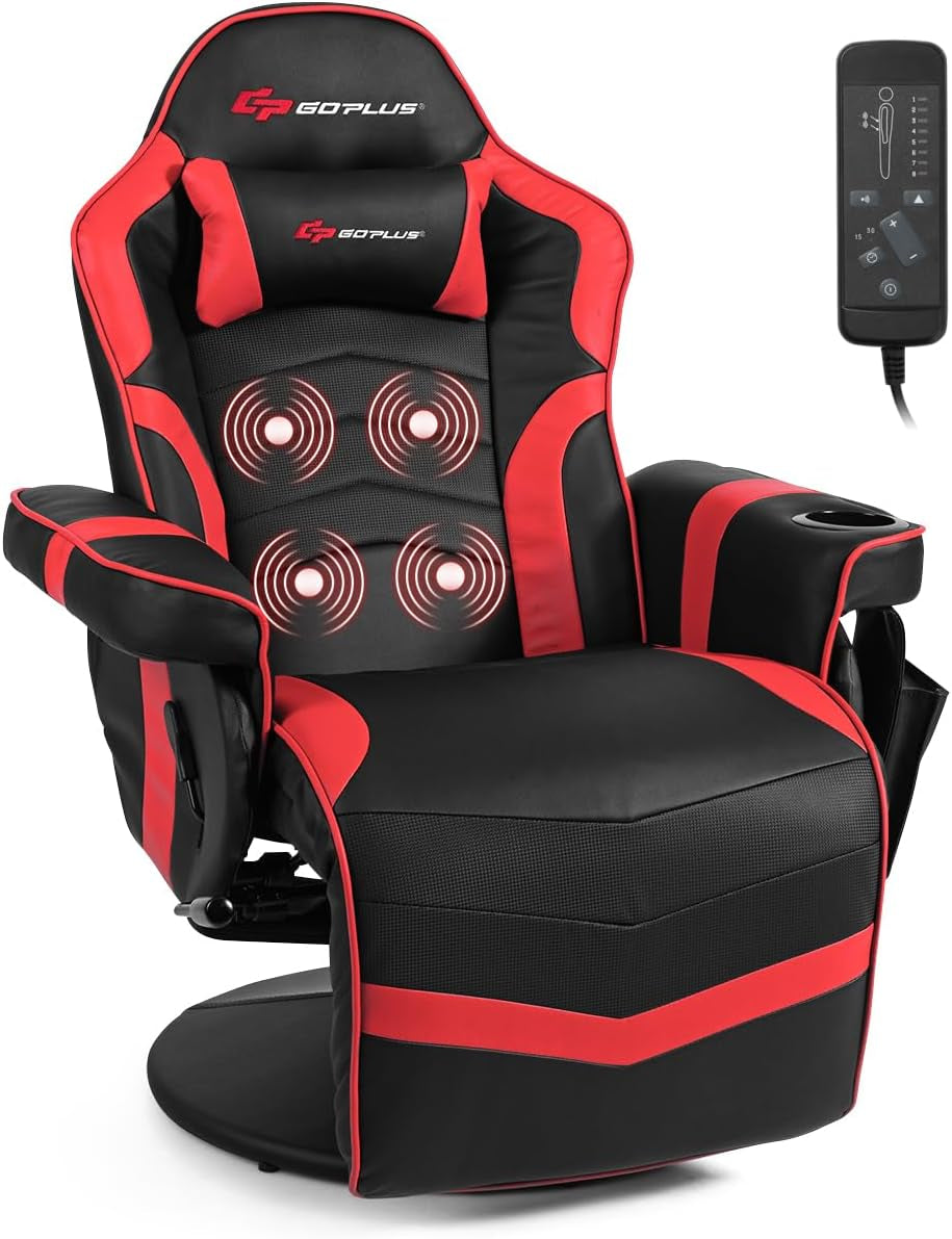 Black and red gaming recliner displaying vibration icons and cup holder