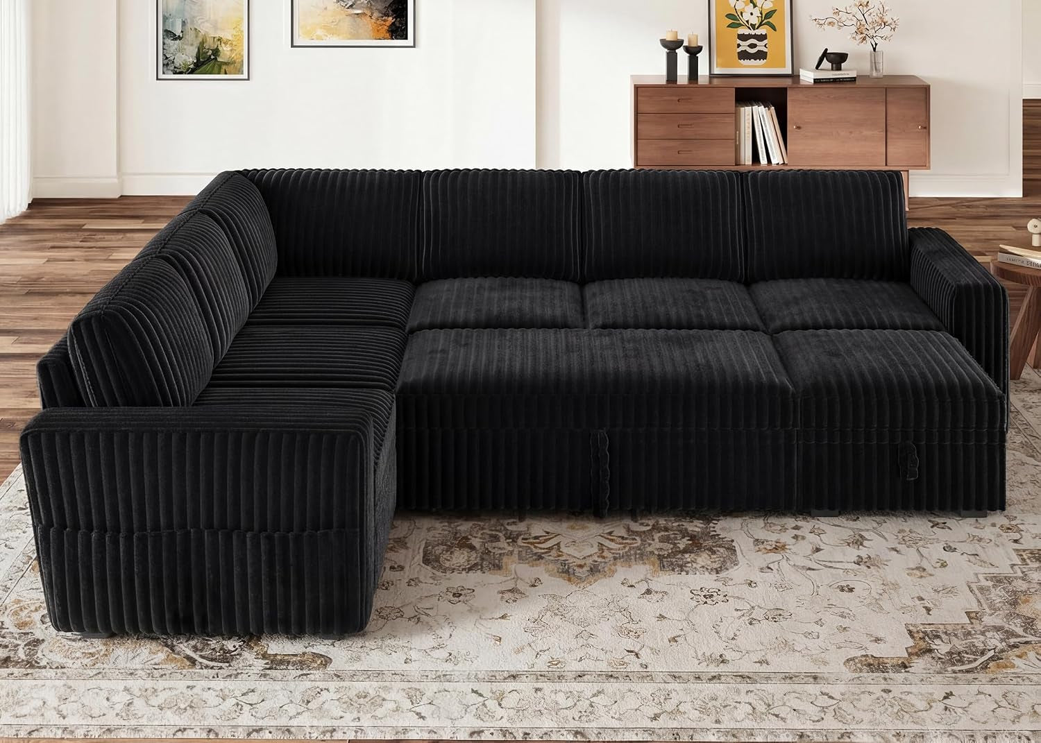 Modular Sectional Sleeper Sofa with Pull Out Bed,Corduroy U Shaped Couch with Storage, Sectional Couches for Living Room,Black