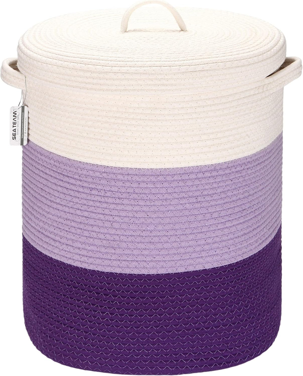 Front view of a purple gradient rope laundry basket with white top section and lid attached