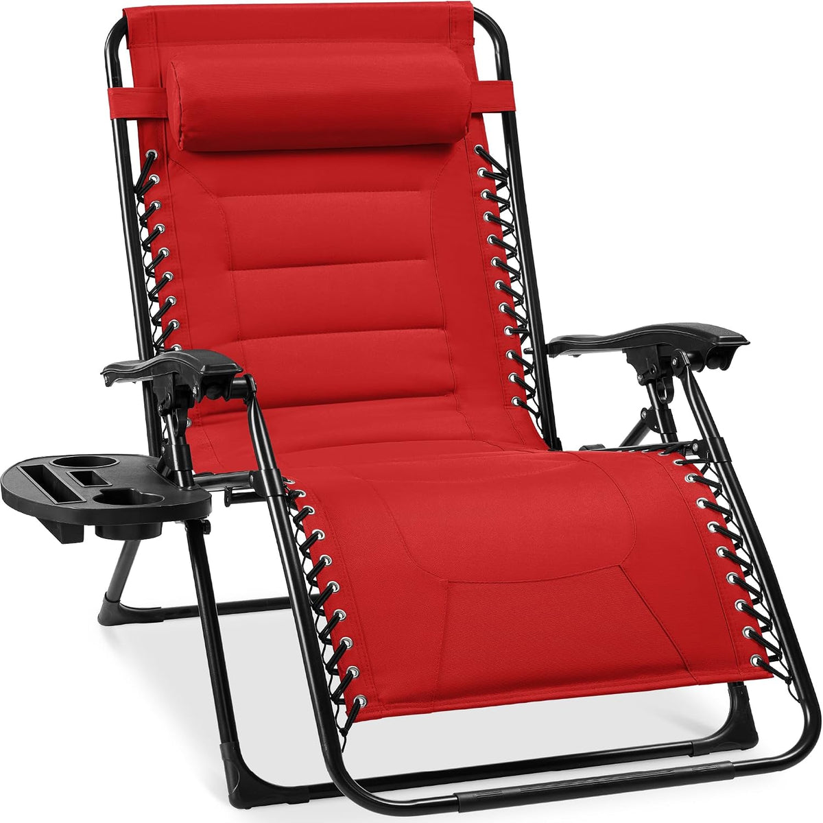 Red padded zero-gravity recliner shown angled, with cup tray and black metal frame