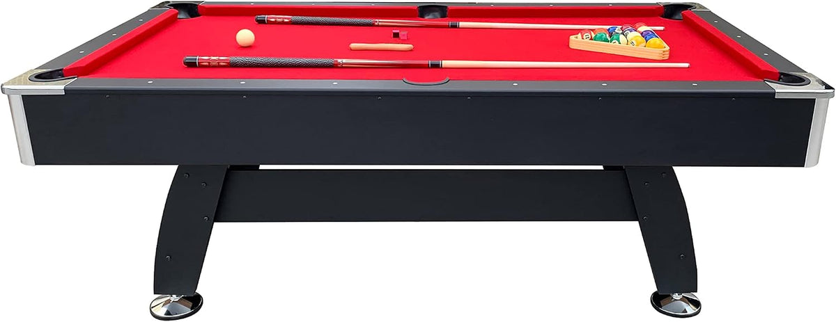 Head-on view of black pool table showing straight apron, center support, and chrome adjustable feet.