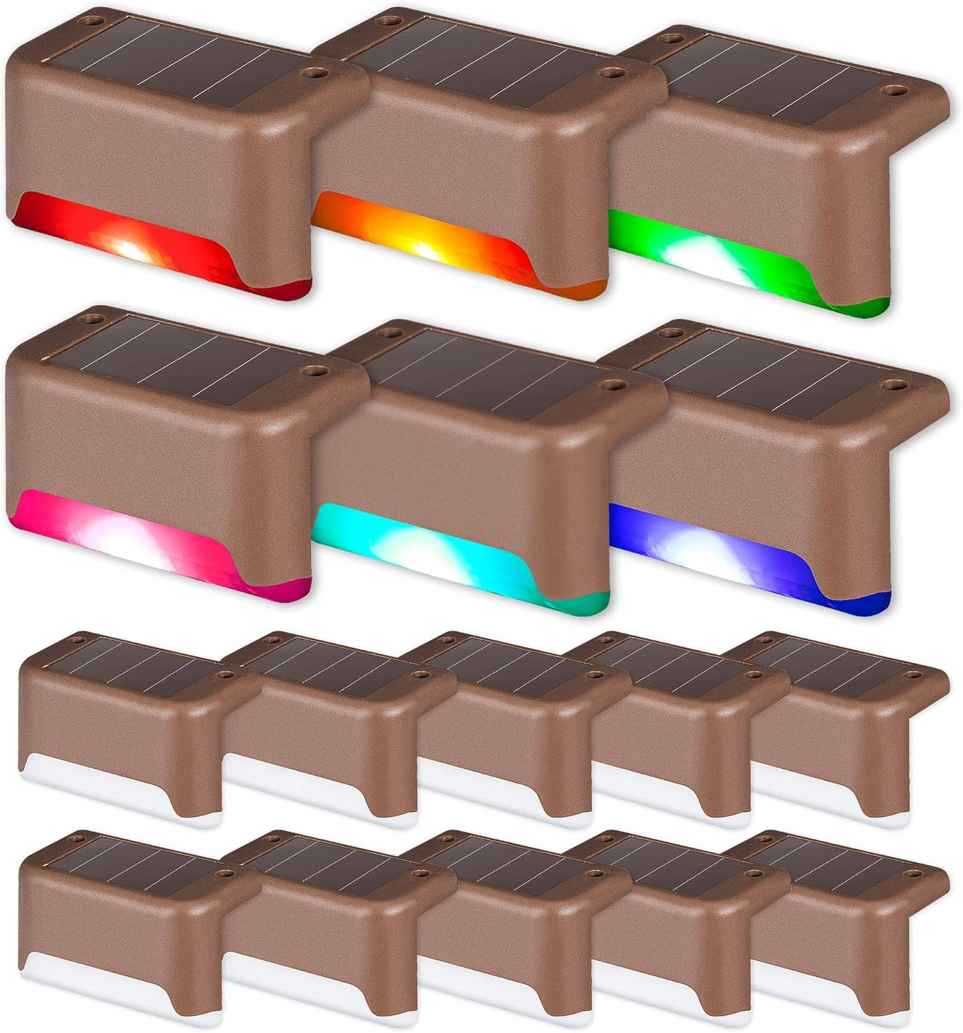 Brown solar step lights arranged in rows showing multiple colored light outputs and white LEDs