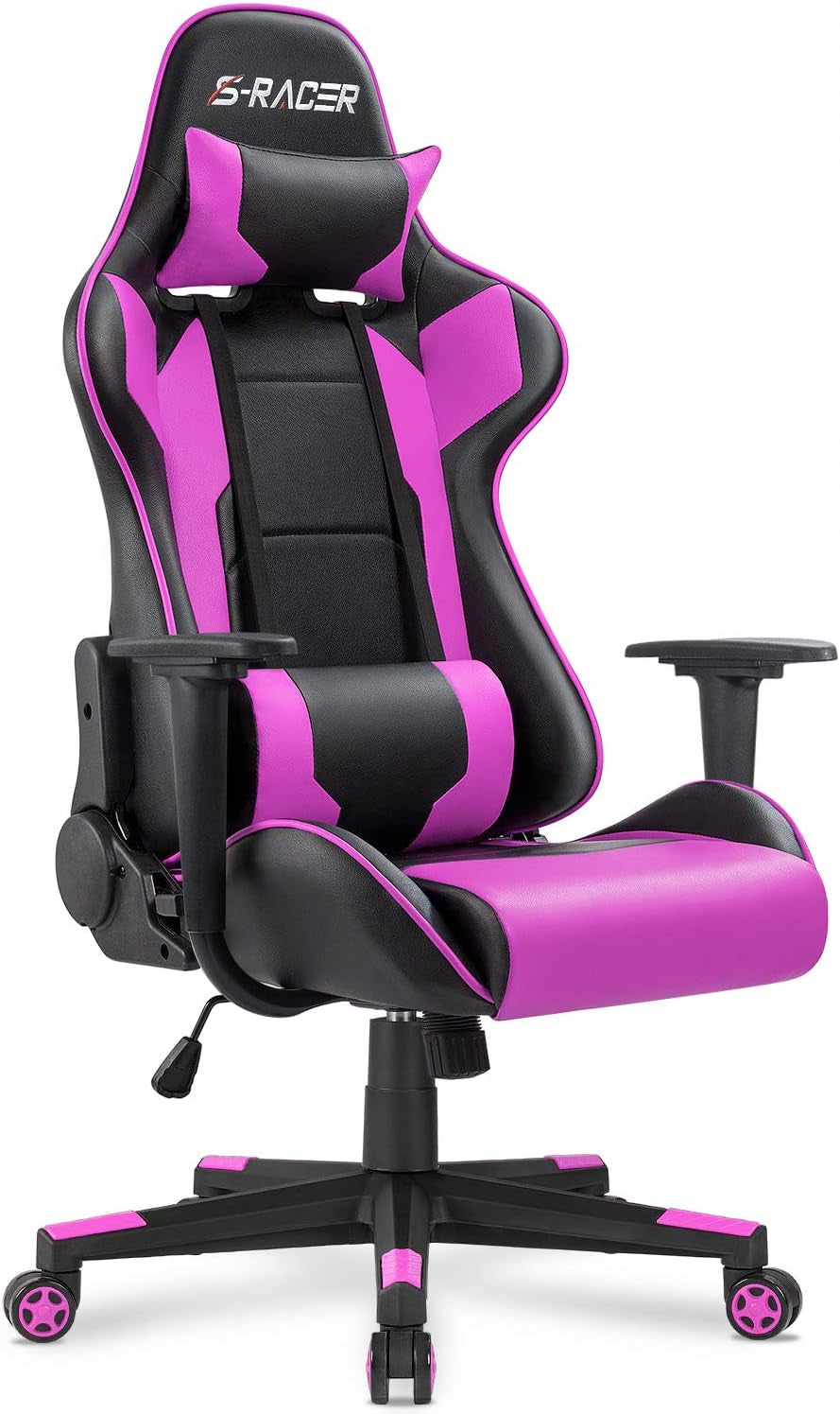 Front three-quarter view of a purple and black racing-style office chair with headrest and lumbar support