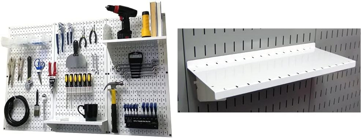White pegboard with tools and a close-up detail of a white metal shelf insert
