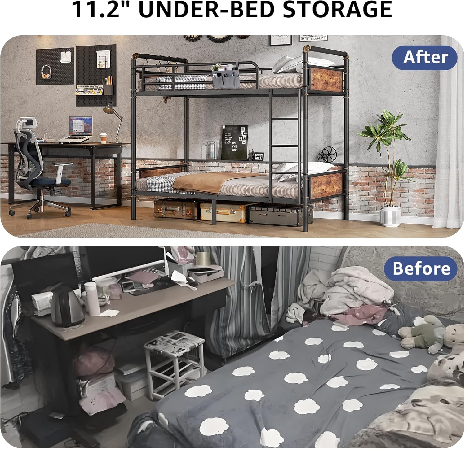 Top image shows the bunk bed in a tidy industrial room with suitcases stored underneath; bottom image shows a cluttered
