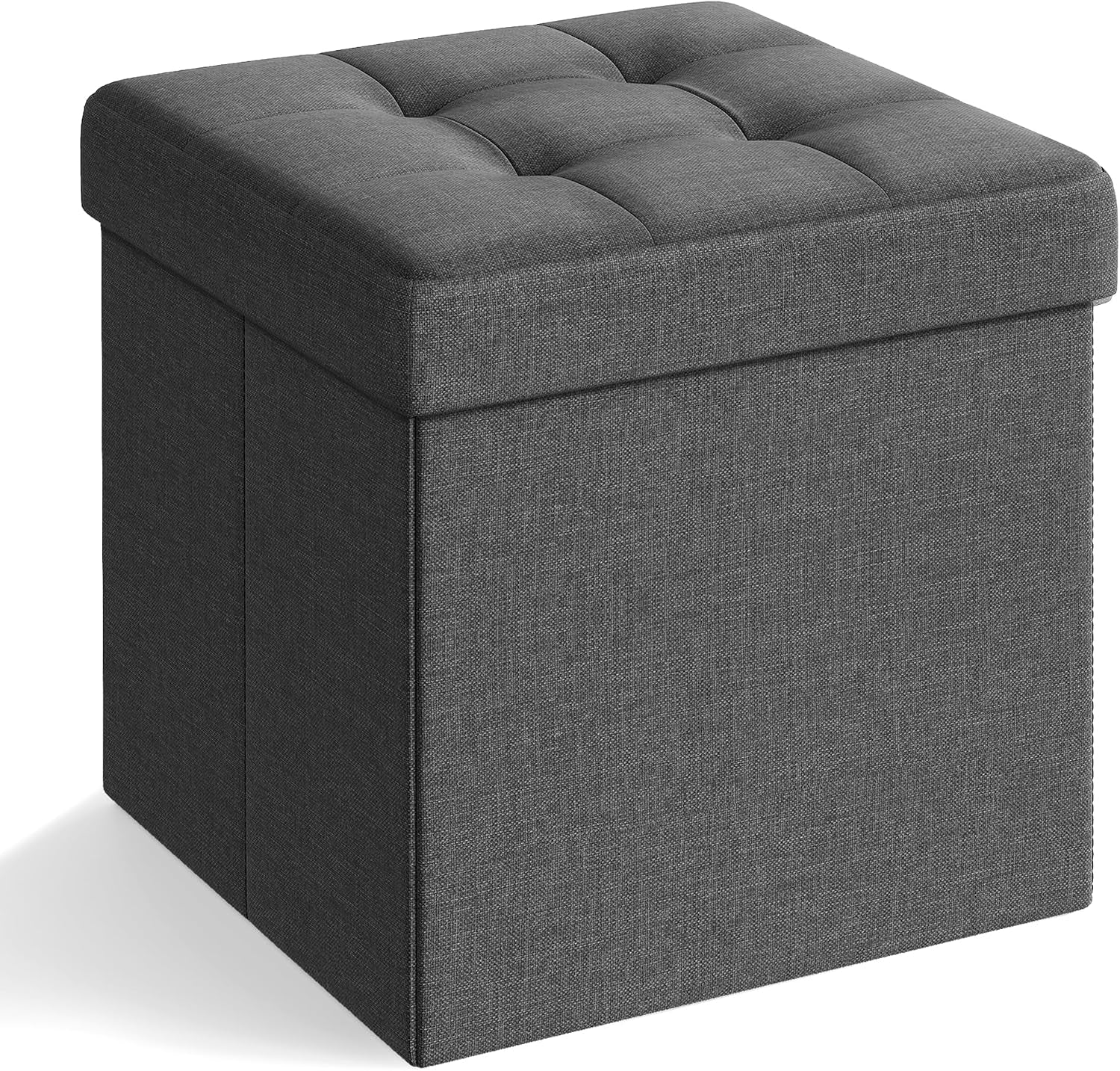 Closed charcoal gray square storage ottoman shown at a slight angle