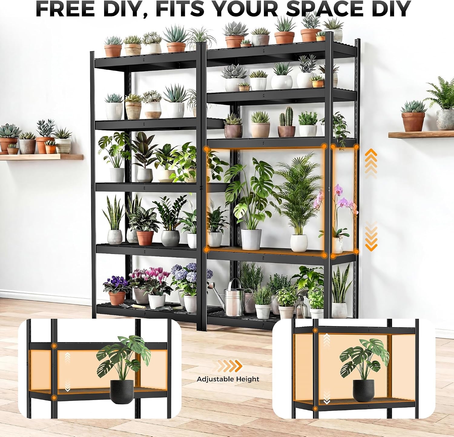 Two adjacent black shelving units used as plant stands, each tier filled with potted plants to illustrate adjustable shelf