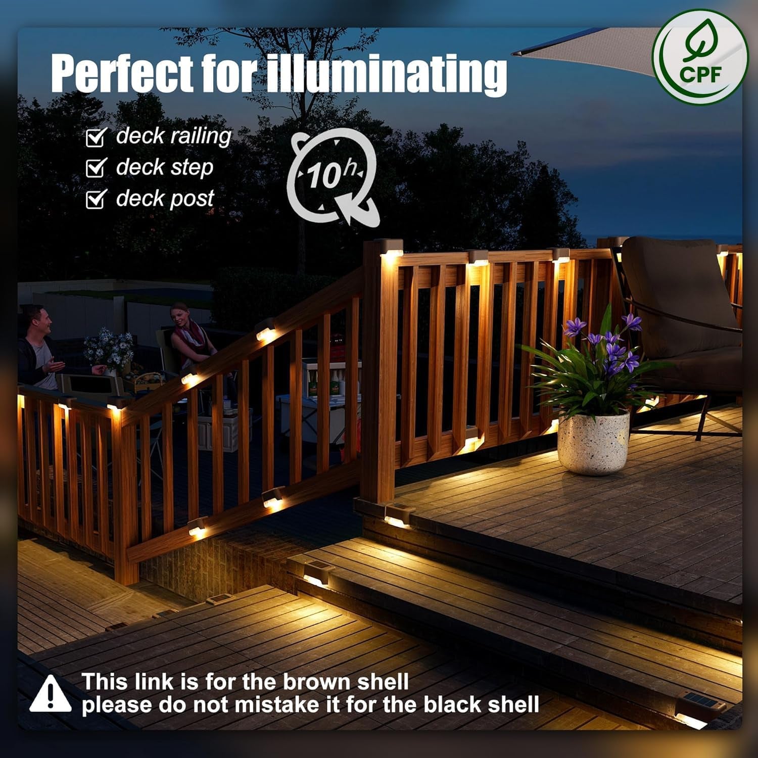 Evening deck and stair railing illuminated by multiple brown-shell warm white solar step lights