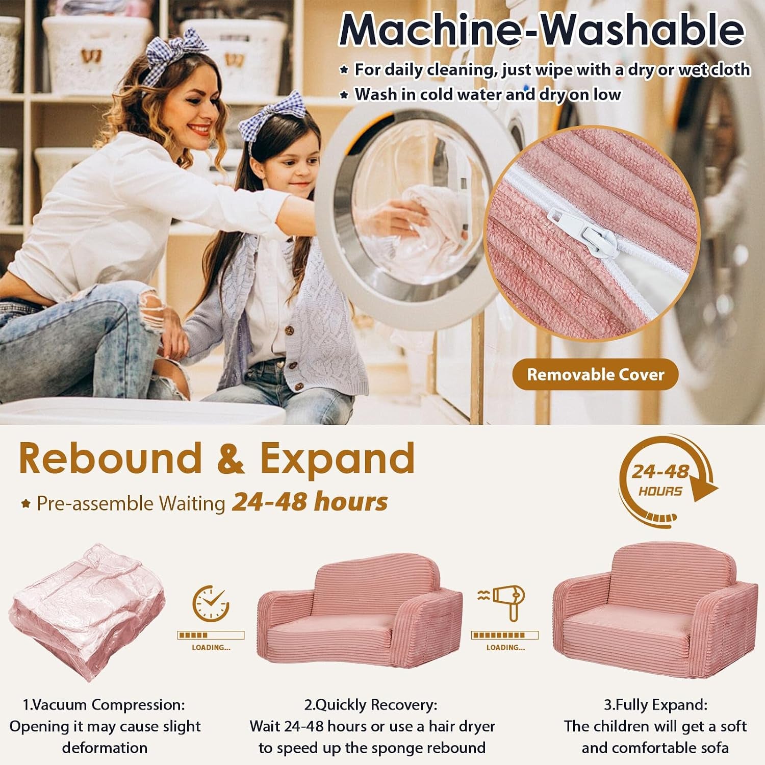 Step-by-step graphic showing vacuum compression, recovery wait, and full expansion of the packaged pink sofa with washing