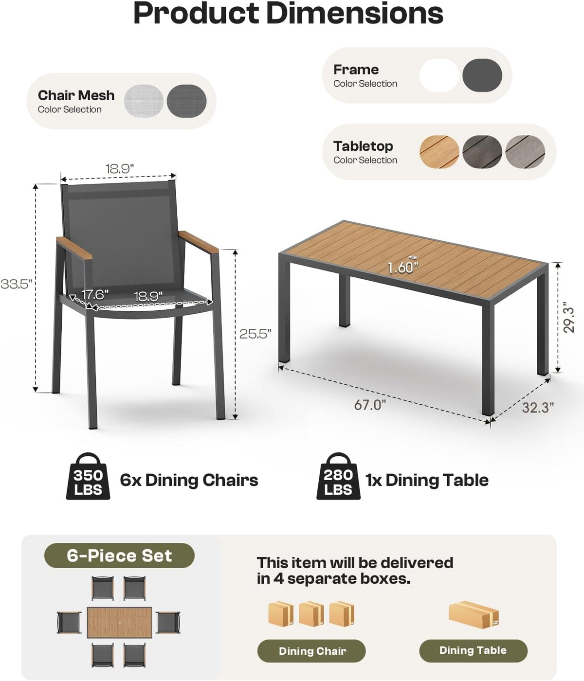 Illustrated chair and table with dashed measurement lines and small icons showing set layout and packaging.