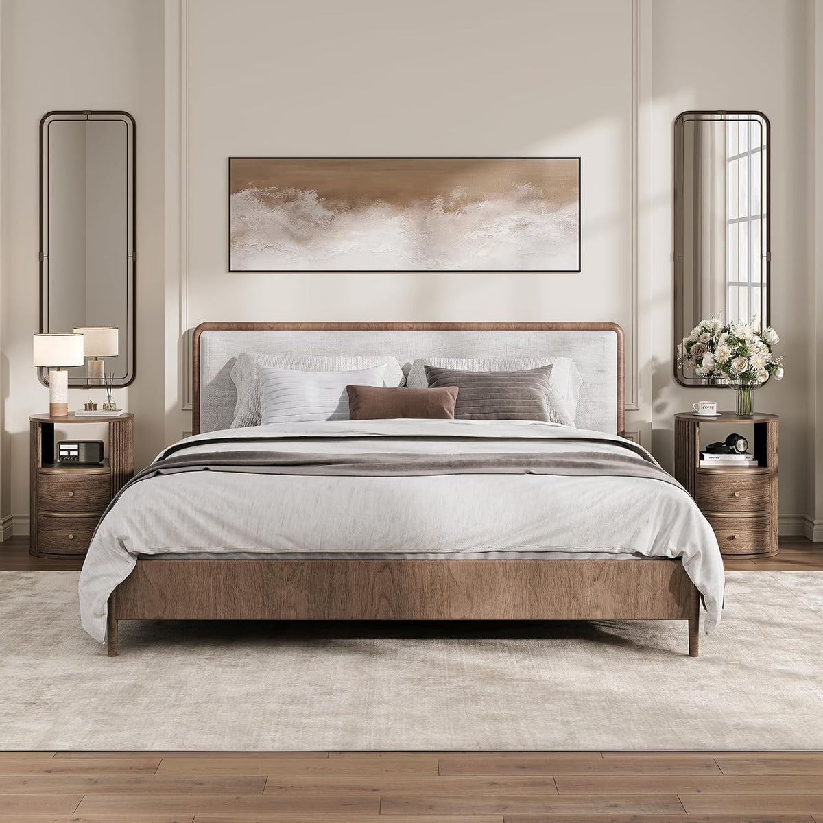 Bedroom scene with two round fluted nightstands in walnut finish flanking an upholstered bed