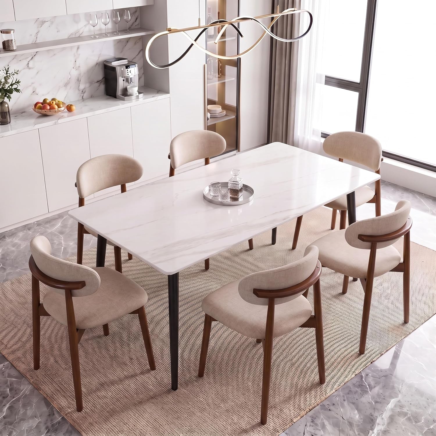 Six beige upholstered chairs with brown frames surround a white rectangular dining table.