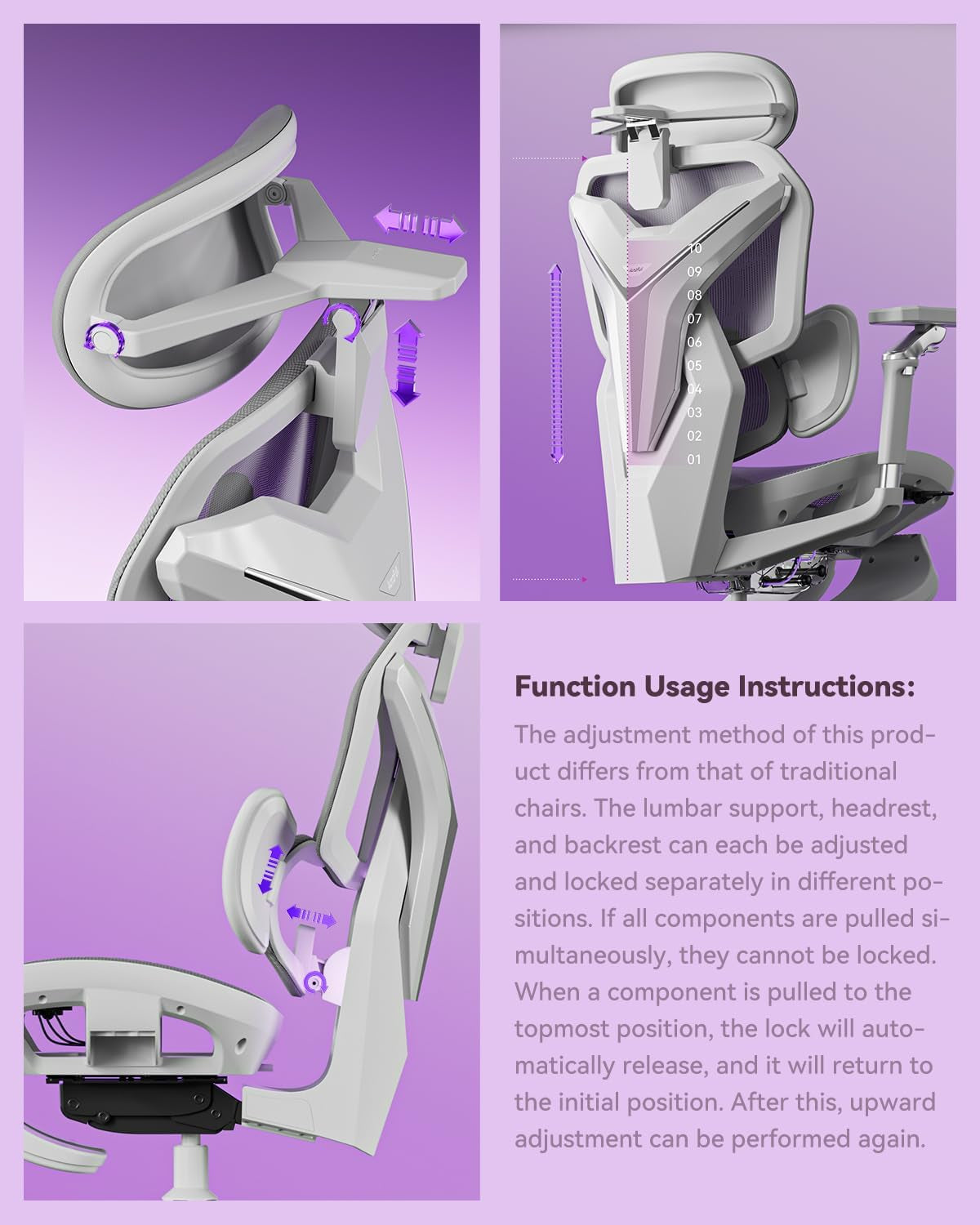 Three rendered close-up views of the chair's adjustable headrest, lumbar and backrest mechanisms on a purple background.