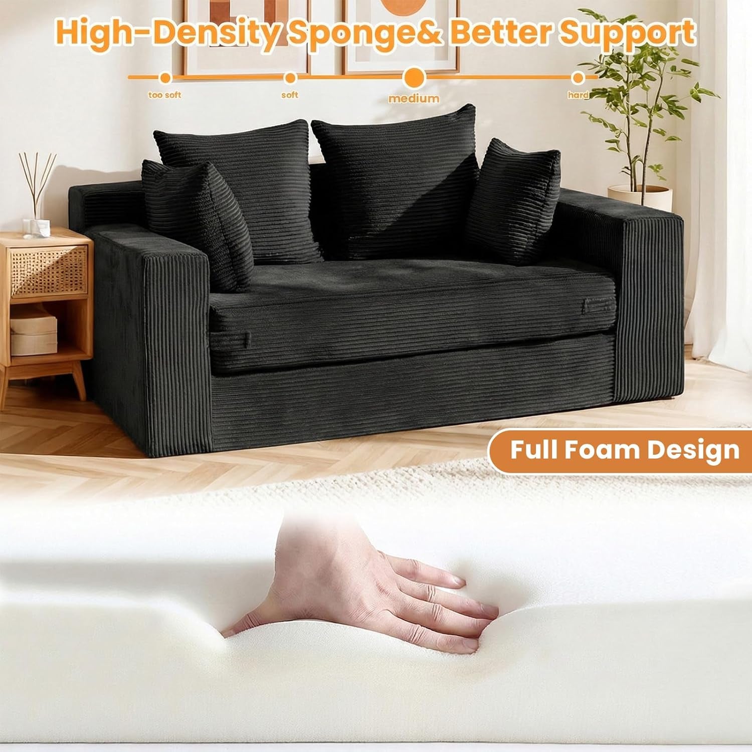 55" Small Boneless Couch, 3-In-1 Boneless Loveseat Sleeper Sofa Bed Convertible Sofa Bed with 4 Pillows, Black Corduroy Boneless Couch for Living Room, Guest Room, Small Space, No Assembly Required