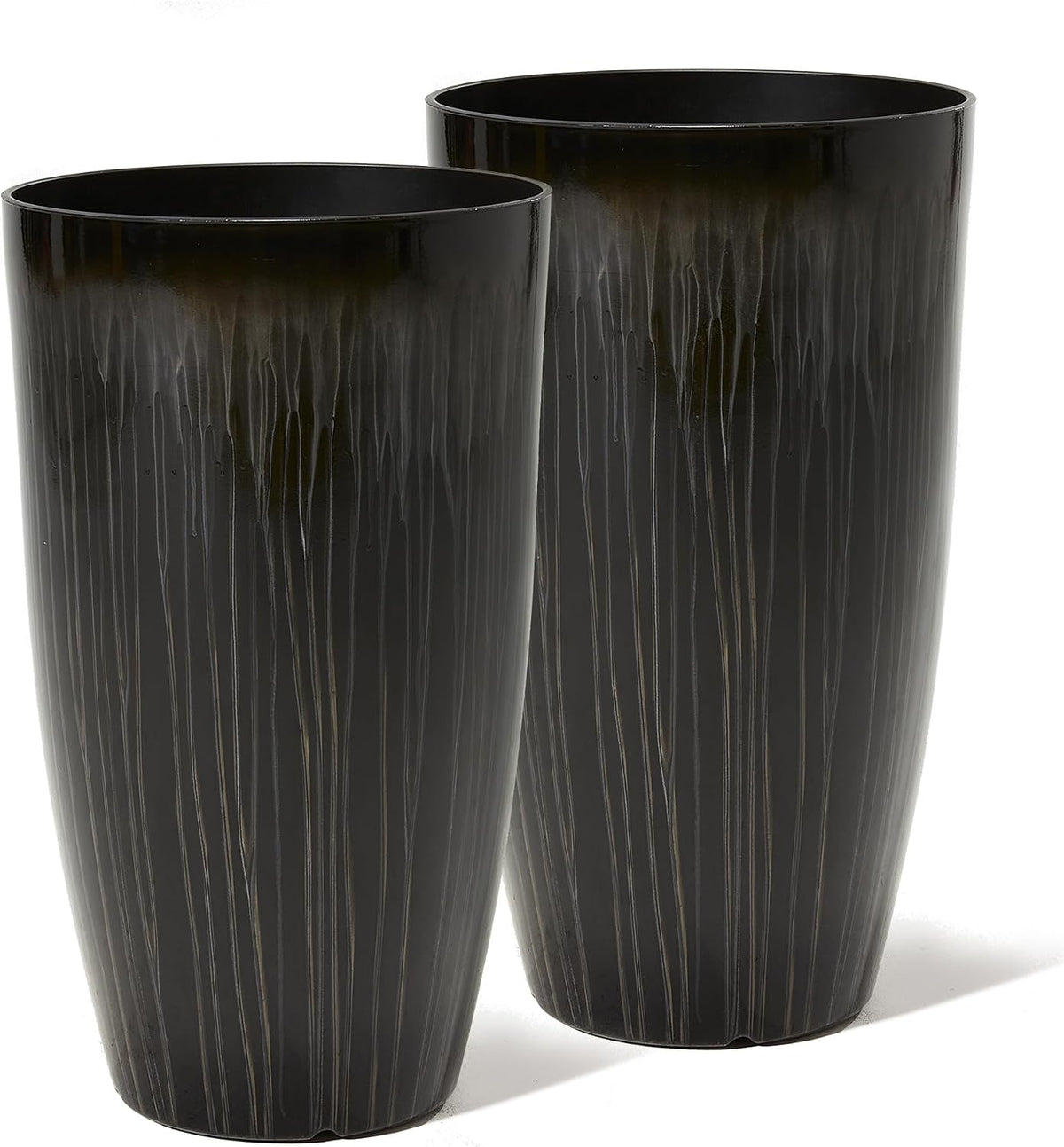 Two tall tapered planters in a glossy black finish with subtle vertical texture, shown close together.