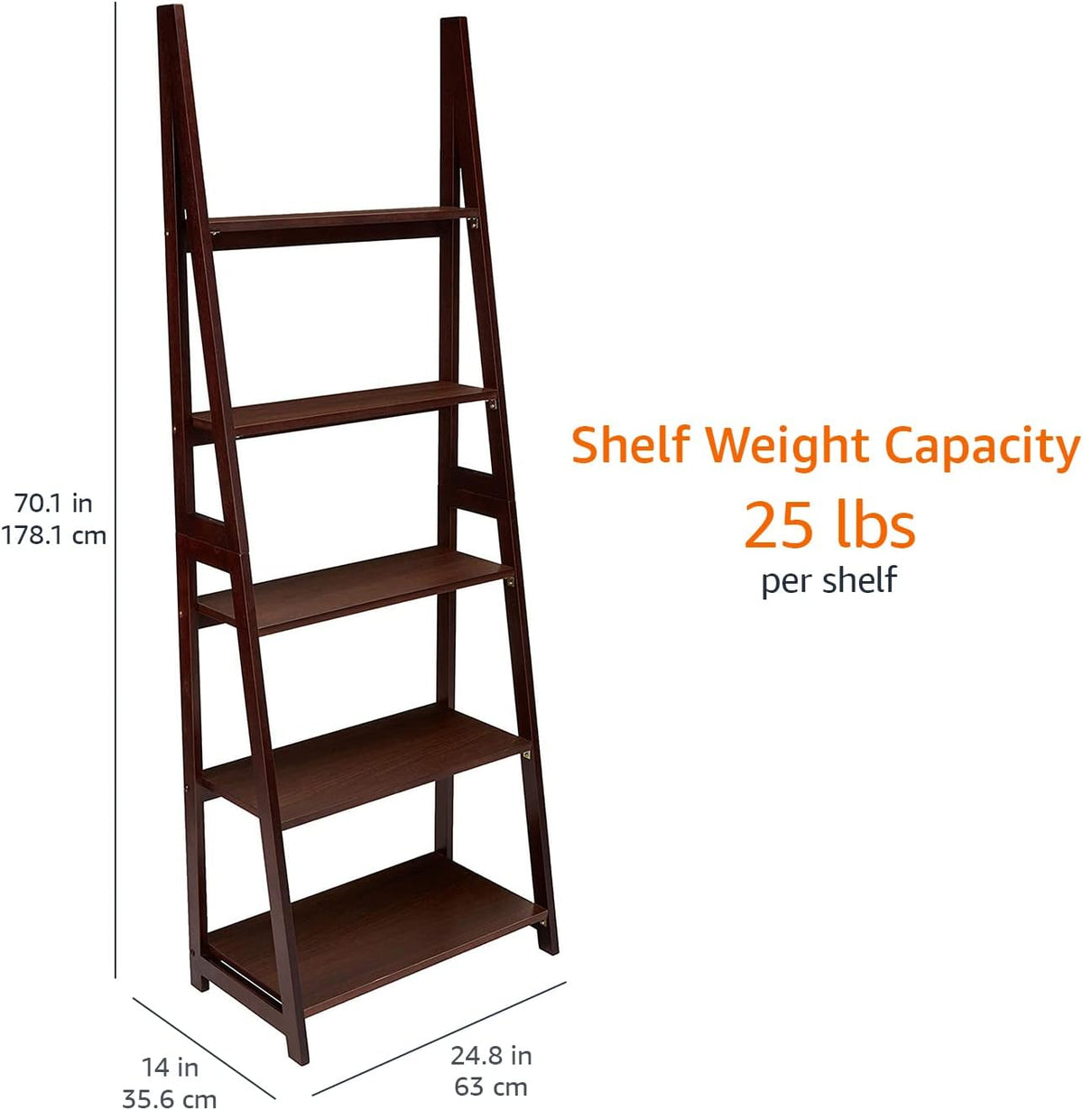 Espresso ladder bookshelf diagram showing 14" D x 24.8" W x 70.1" H dimensions with shelf capacity text