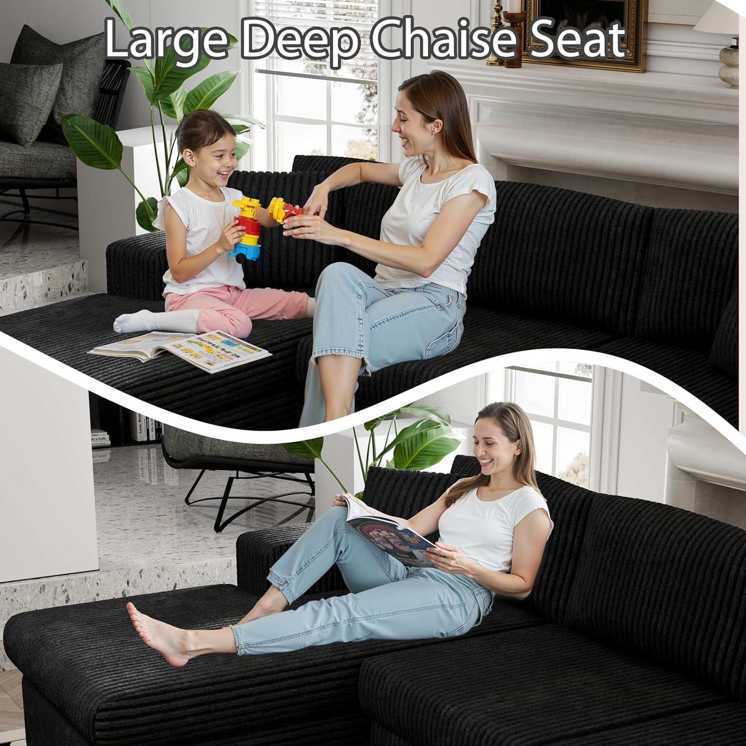 105" Modular Sectional Sofa, Boneless L Shaped Couch with Deep Seat, Cloud Foam Couch with Oversized Chaise, Plush Corduroy Sofa No Assembly Needed for Living Room, Black