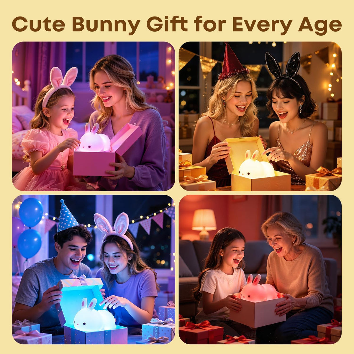 Collage of people opening gifts and smiling with a glowing bunny night light in bedroom and party settings