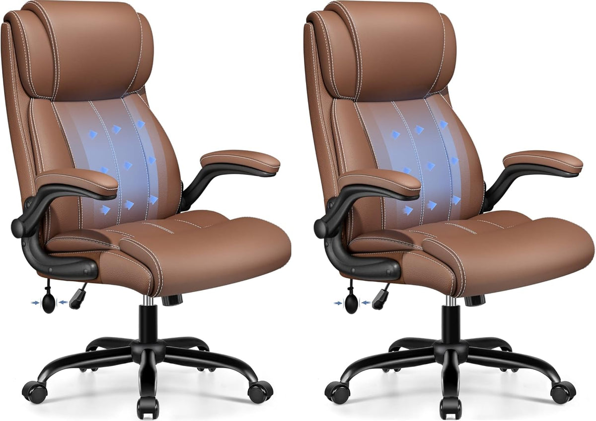 Two brown office chairs side-by-side, front-right three-quarter view showing seat and arm details.