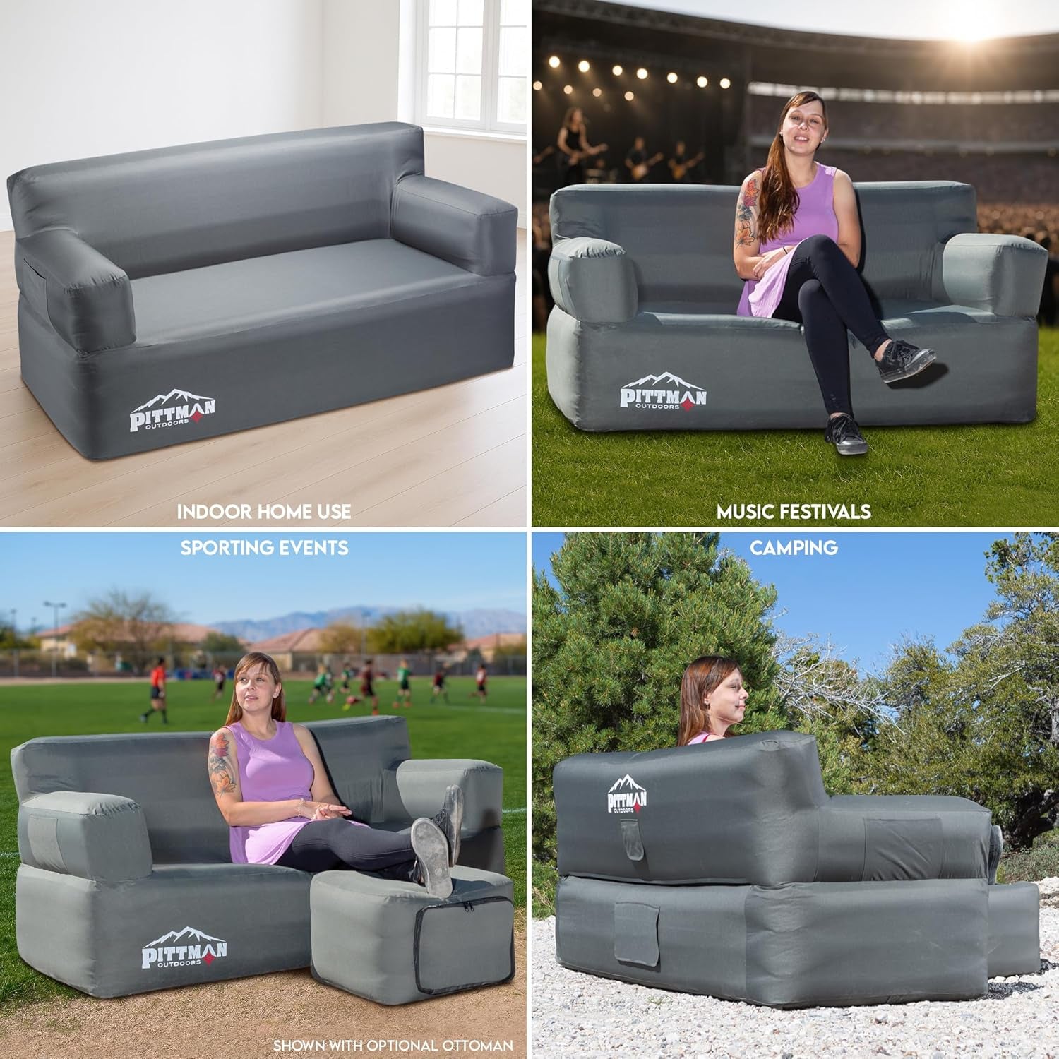 Four-scene collage showing indoor and outdoor uses, a matching gray ottoman, and the oversized carry bag