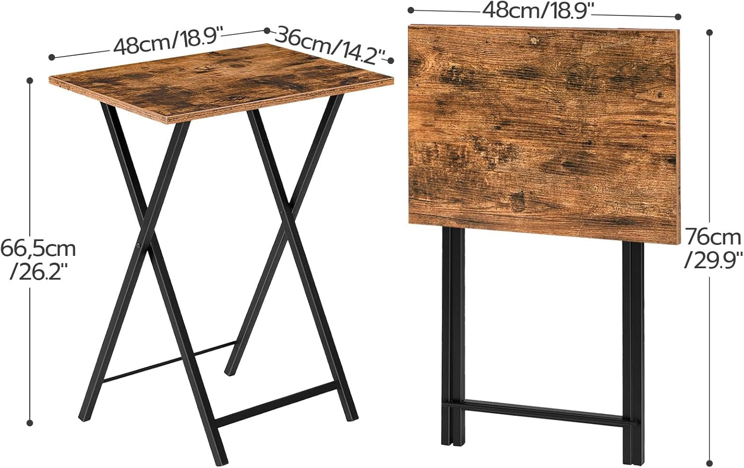 Diagram showing table dimensions with rustic brown top folded and unfolded, front and side measurements