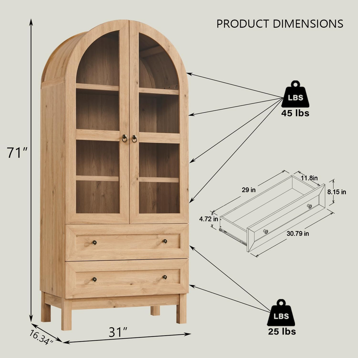 Dimension diagram of arched pantry cabinet showing 71-inch height and drawer measurements on neutral background