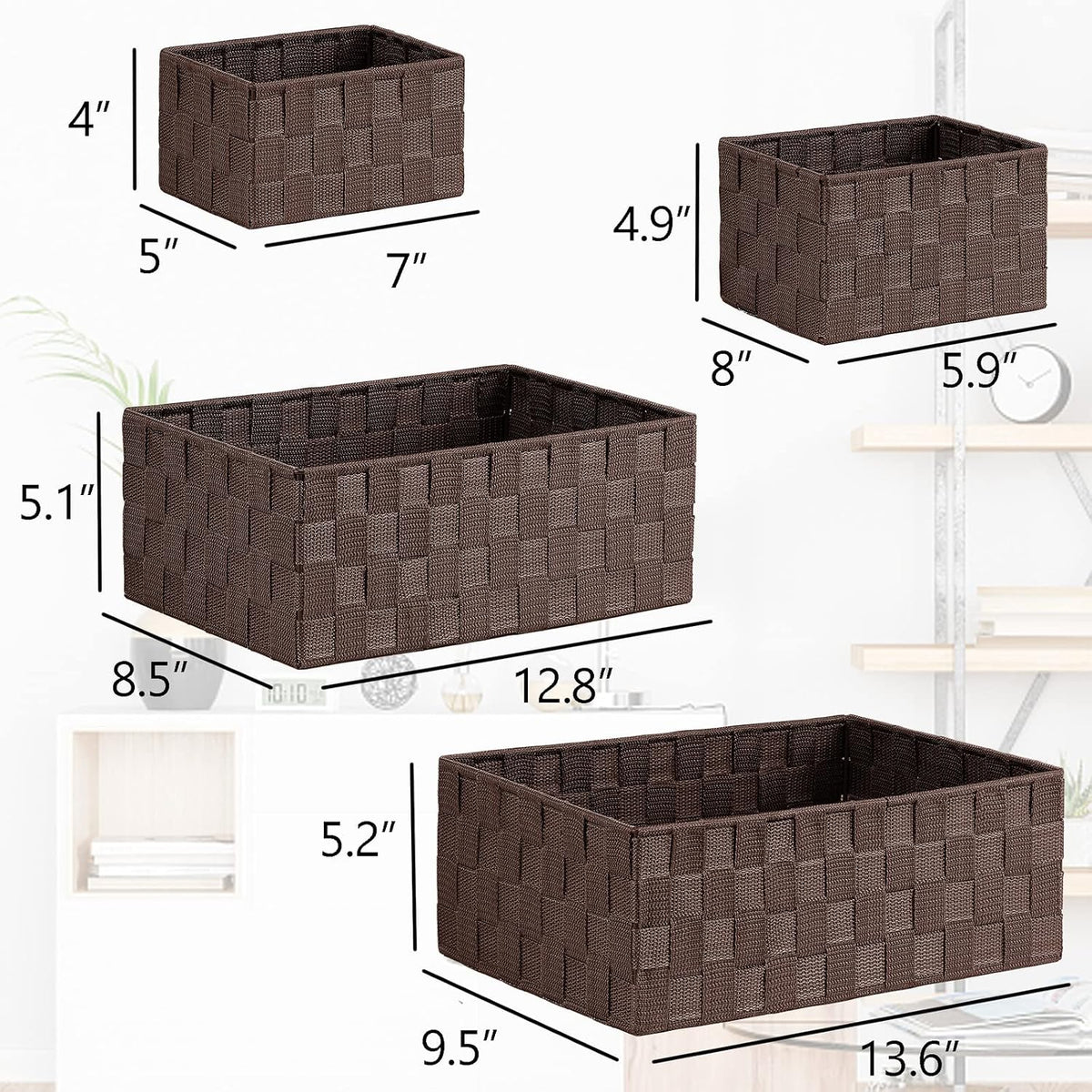 Graphic image showing three brown woven basket sizes with printed length and height measurements on a white background
