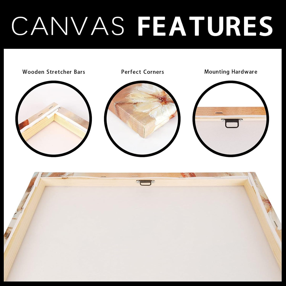 Back view of a stretched canvas showing wooden stretcher bars, corner fold, and a metal hanging bracket