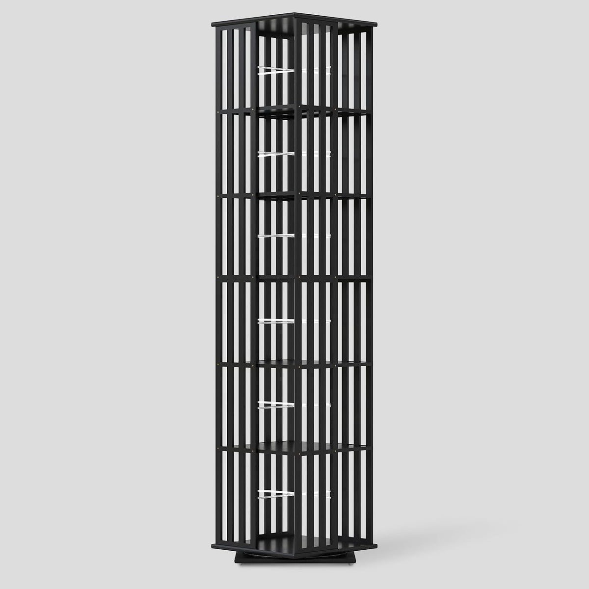 Studio view of the full-height black six-tier rotating bookcase on a neutral background.