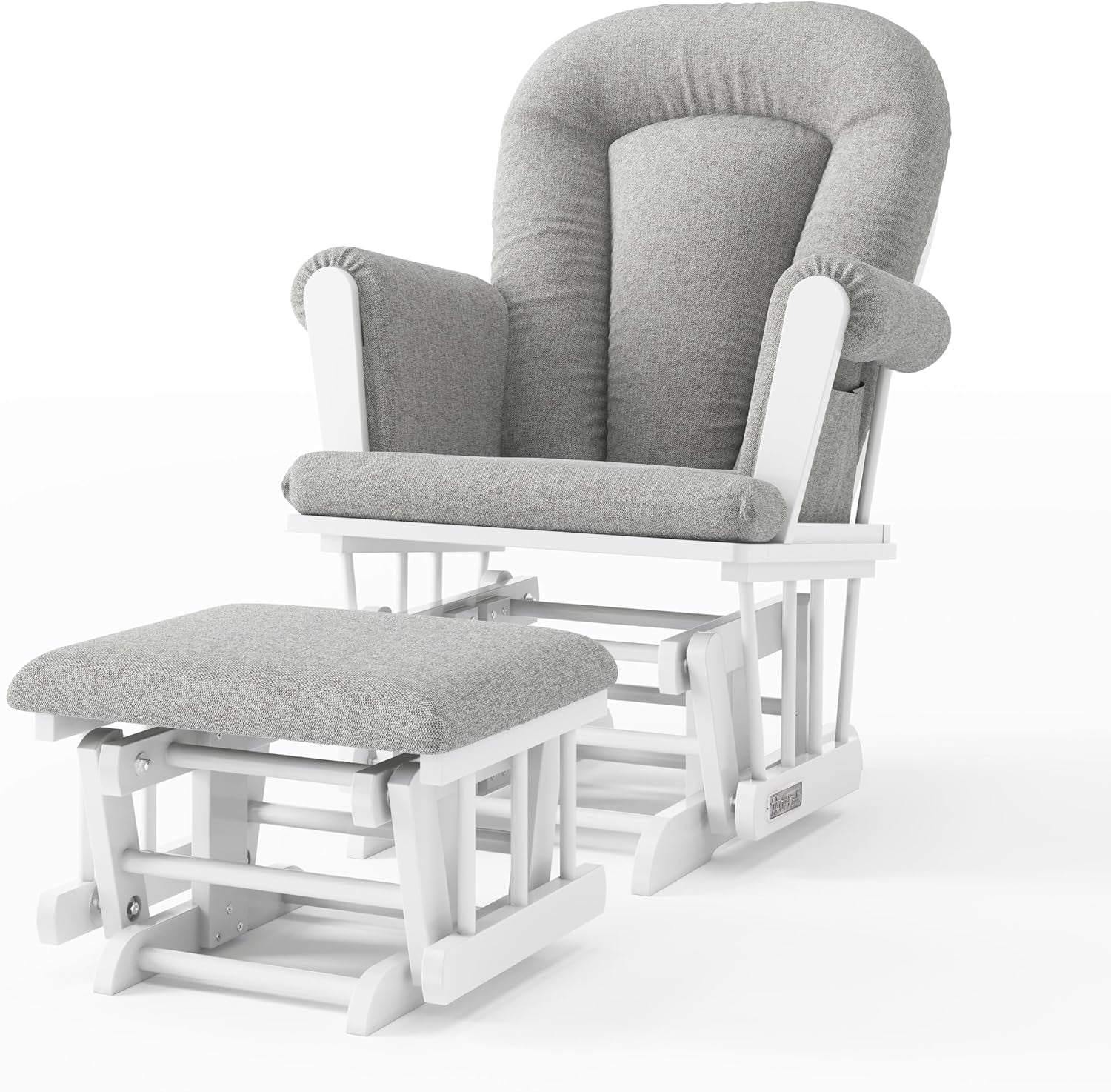 Three-quarter front view of a white wood glider rocker with gray padded cushions and matching ottoman