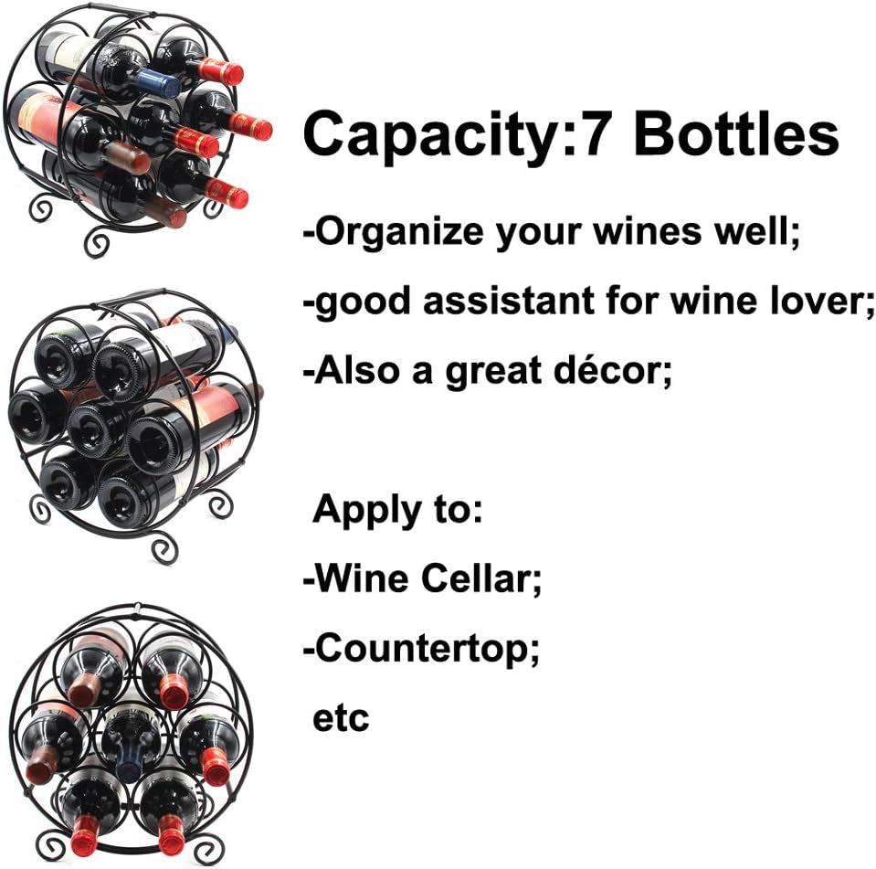 Marketing collage of a black metal wine rack shown from multiple angles with text noting capacity.