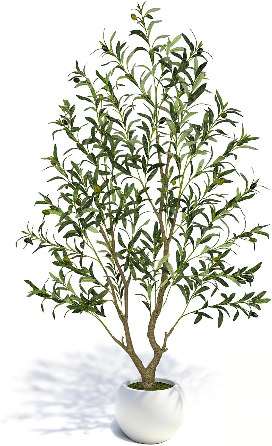 Tall artificial olive tree with slender branched trunk, many narrow leaves and olives in a round white planter.
