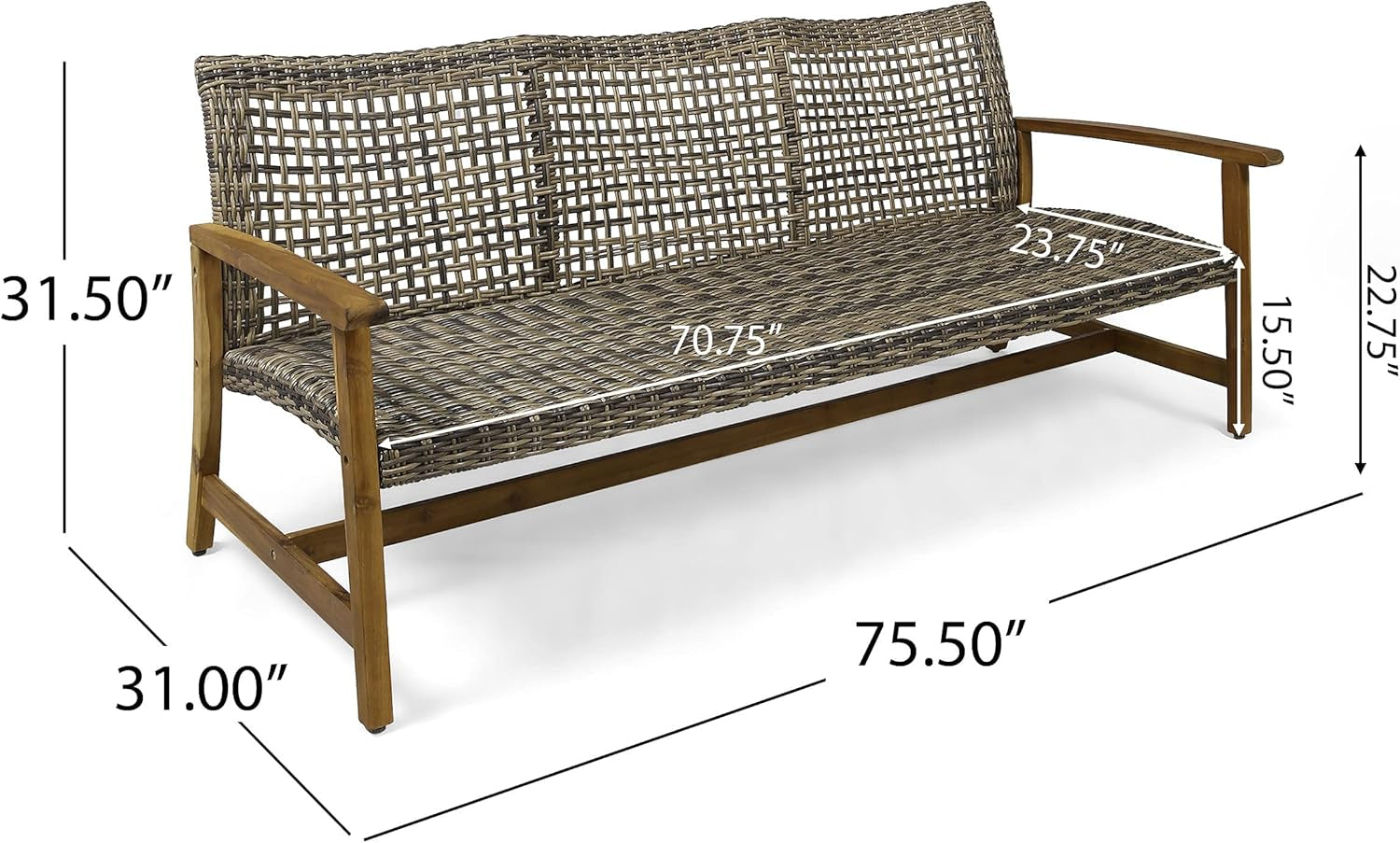 Wicker Sofa, Acacia Frame, 75.50"W x 31.00"D