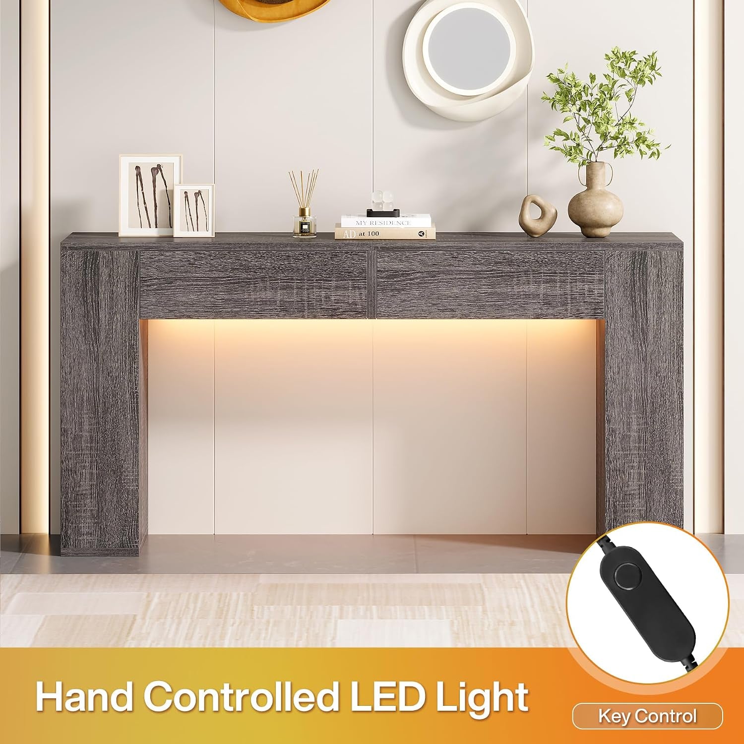 Front view of grey console table with illuminated LED strip and inset inline key control.