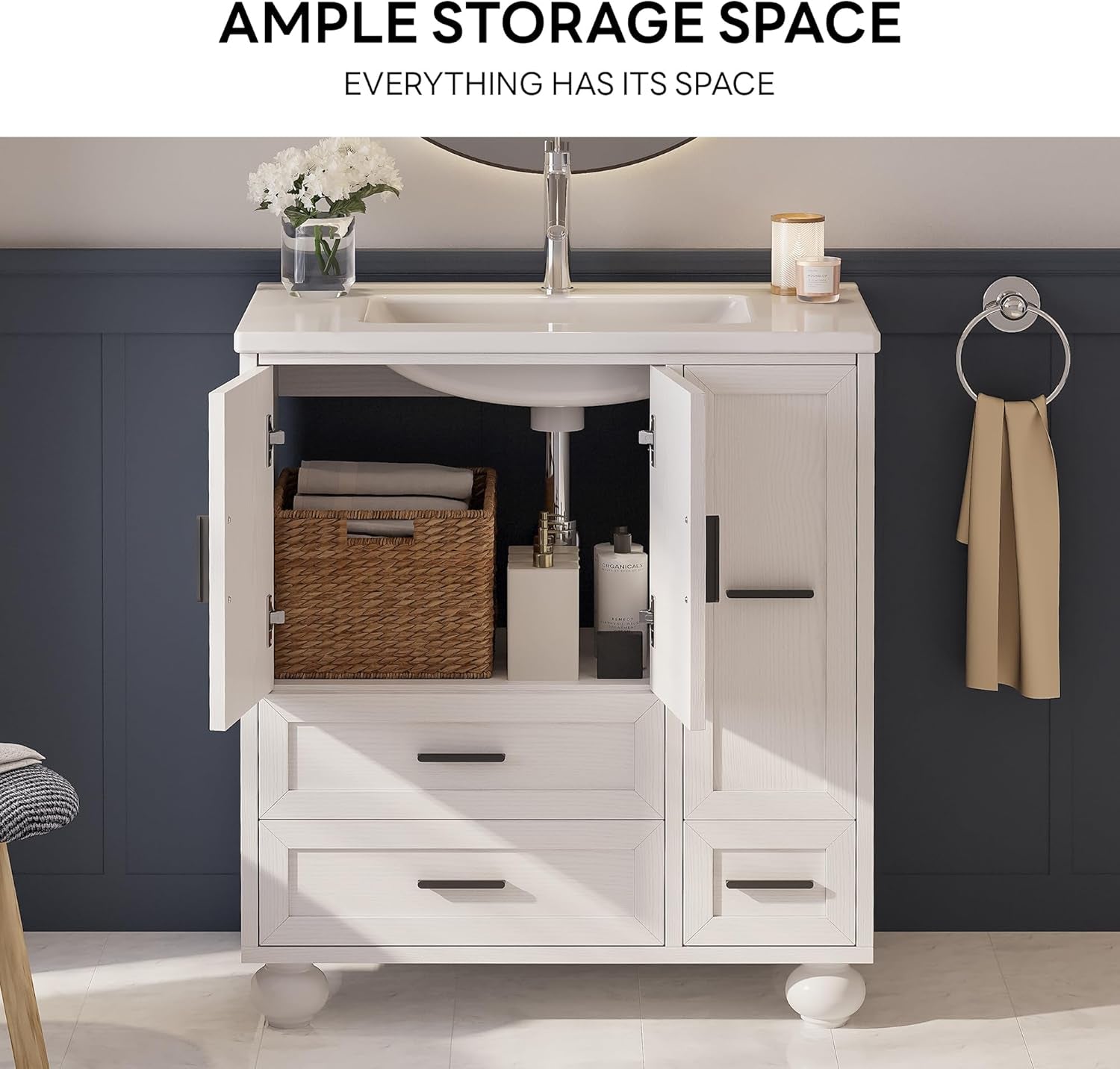 Front view of the vanity with raised-panel doors open to reveal under-sink storage and side drawer configuration