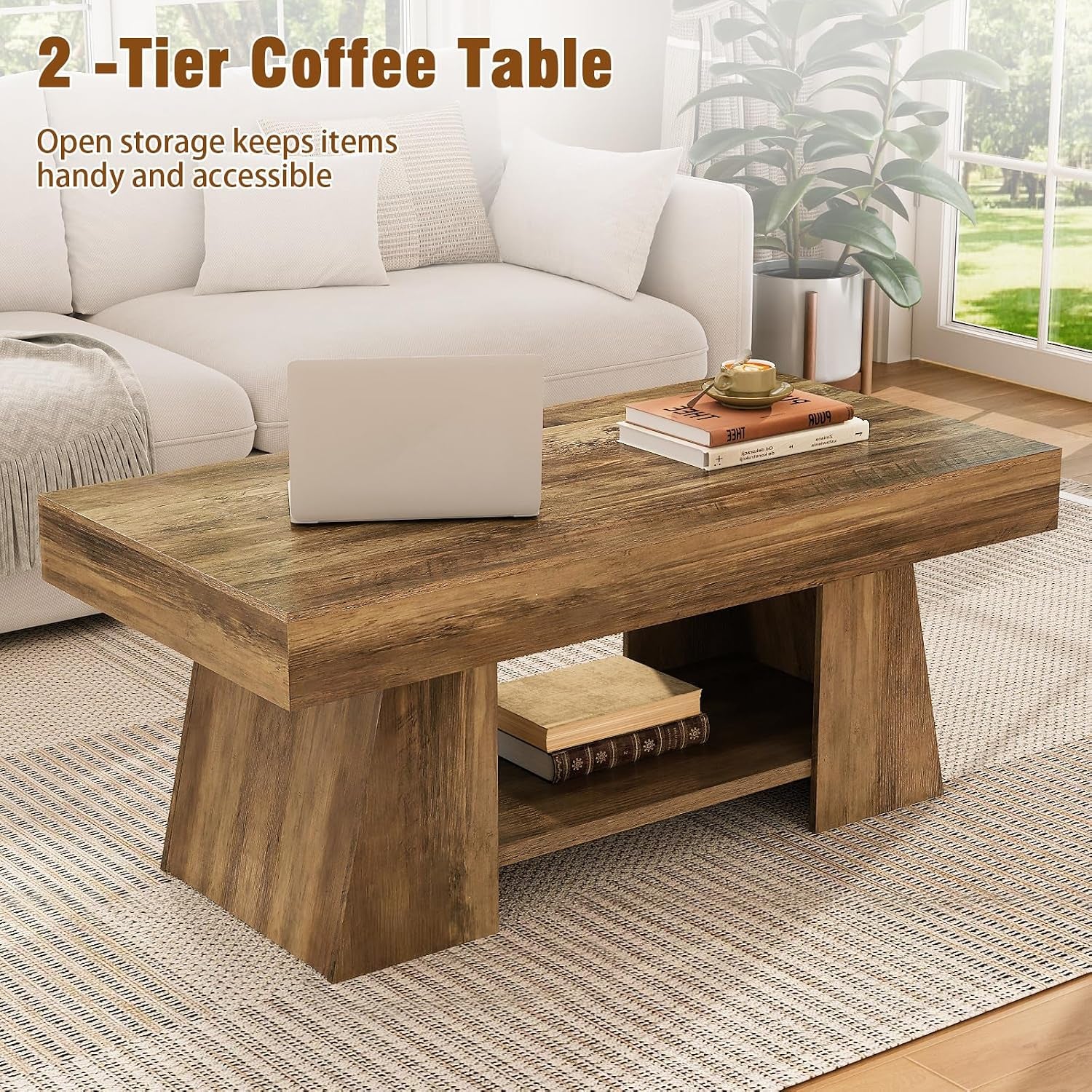 Rectangular coffee table displayed in living room with text overlay noting two-tier storage