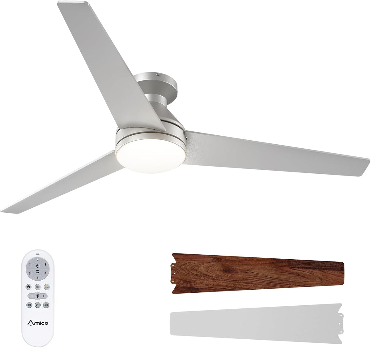 Silver low-profile ceiling fan with illuminated round diffuser, white remote and three blade finish samples below.