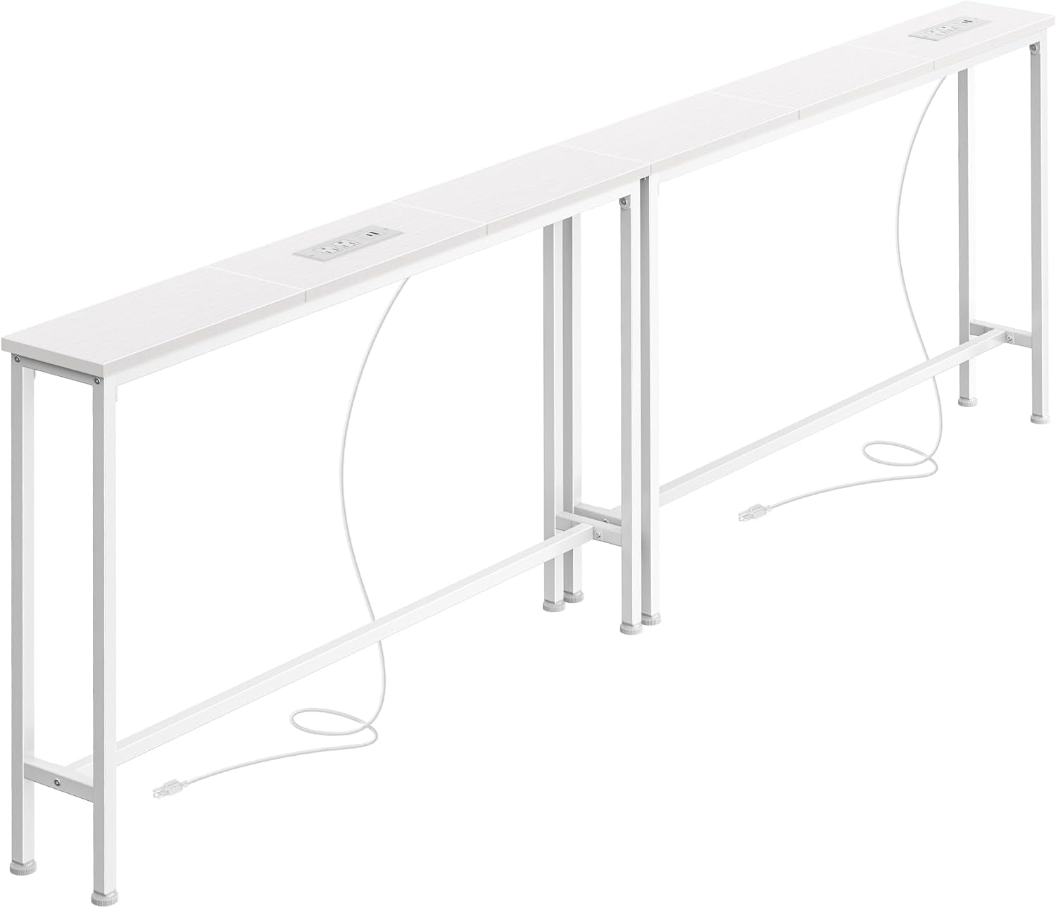 Long narrow white console table with slim metal legs and two built-in power modules, cords visible.