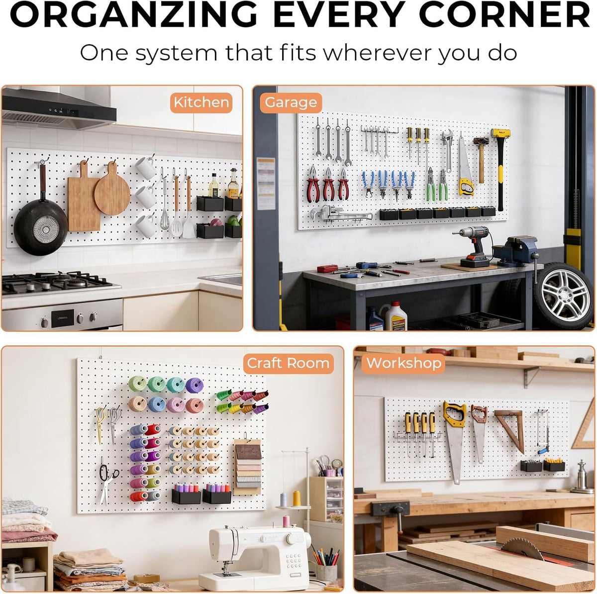 Four lifestyle scenes showing the pegboard used in a kitchen, garage, craft room and workshop with tools and supplies hung