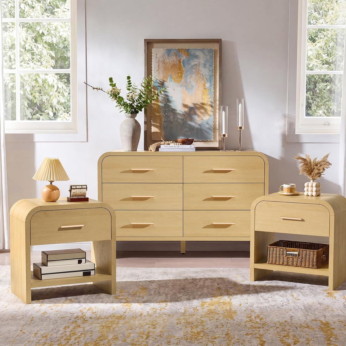 Light wood 6-drawer dresser with two matching nightstands showing open bottom shelves and rounded corners.