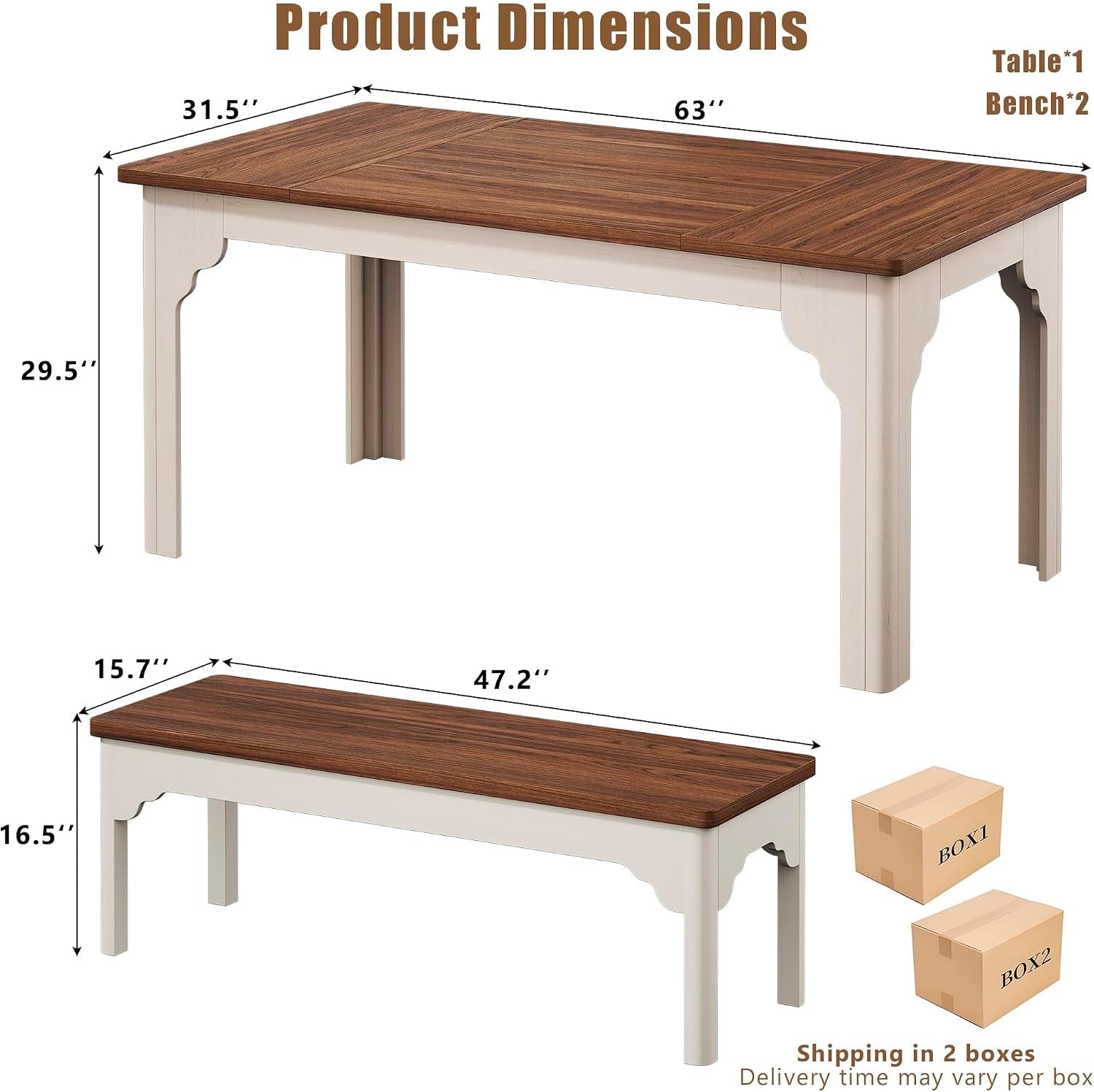 Graphic showing the dining table and bench with product dimensions alongside two shipping boxes.