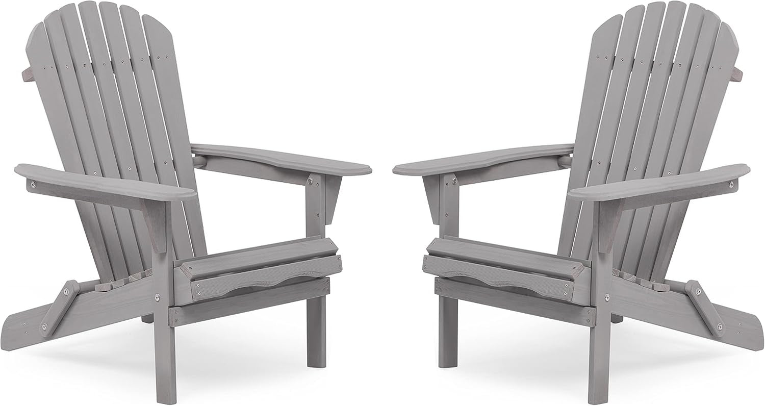 Pair of gray-painted Adirondack chairs shown from a slight front-right angle on a white background