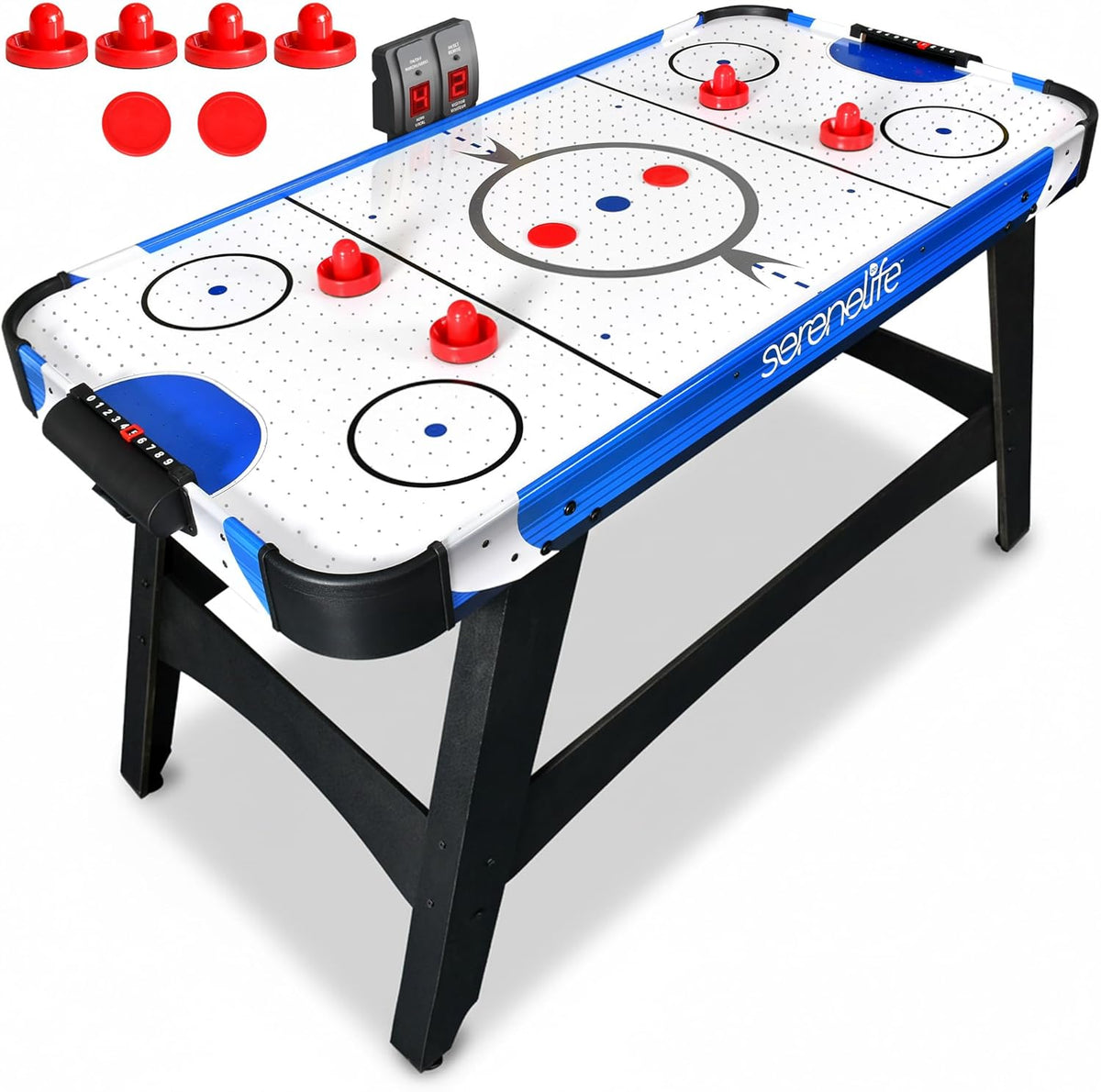Blue-trim air hockey table angled front view with red pushers and two red pucks on white play surface