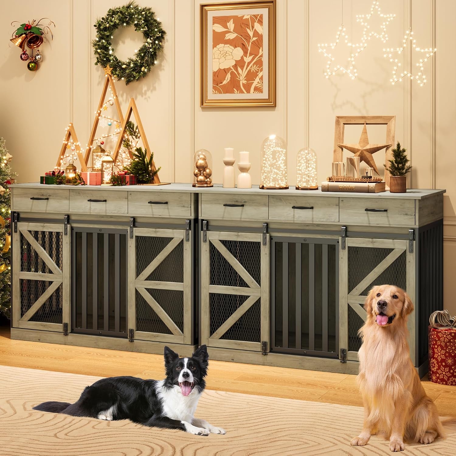 Two grey dog crate consoles side-by-side in a living room setting with dogs and seasonal decor